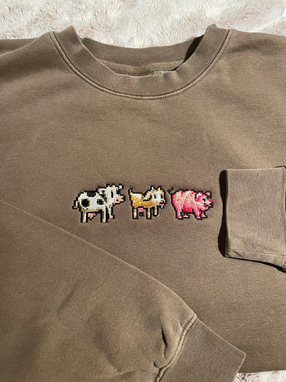 Cow, Goat, Pig Stardew Embroidered Crew