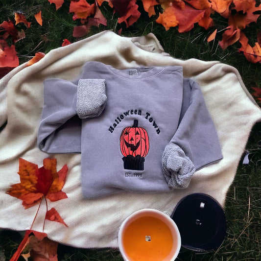 Halloween Town  Embroidered  Crew Neck Sweatshirt